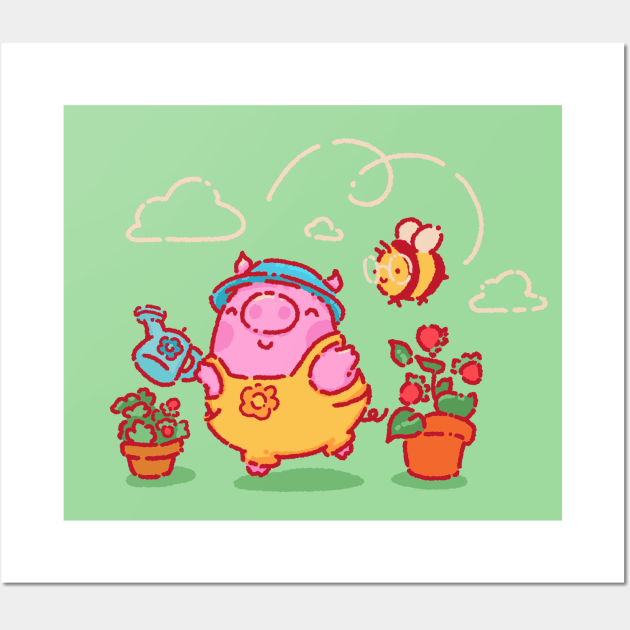 Pig and bee watering plants Wall Art by Tinyarts